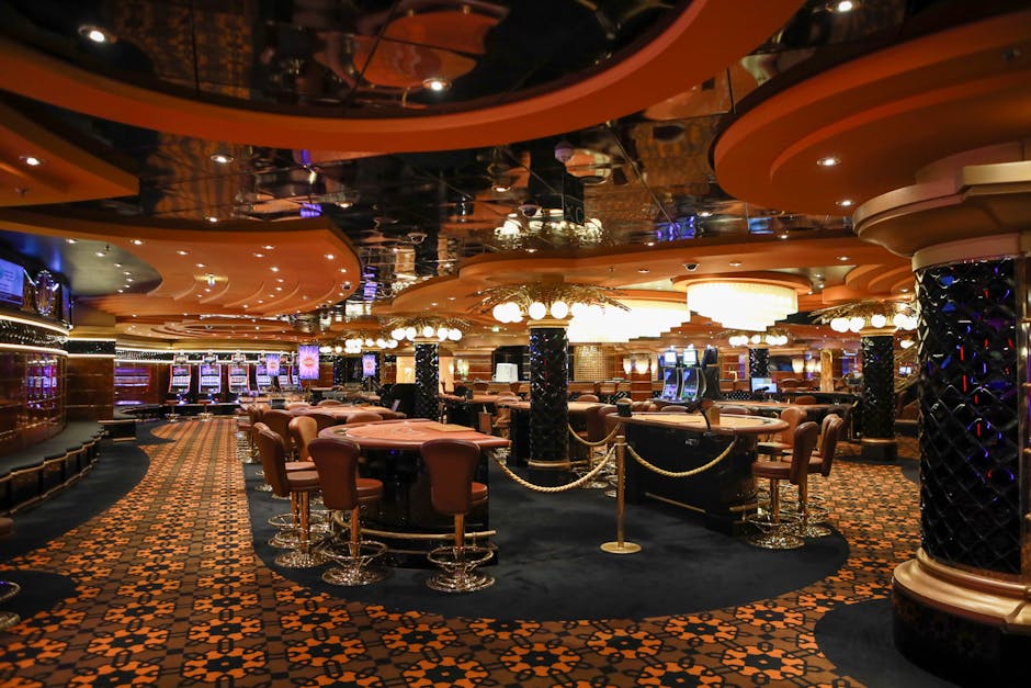 Elegant entertainment hall with crystal chandeliers and plush seating